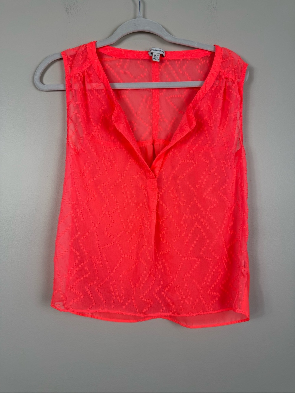 American Eagle Top Womens XS Orange Sheer Neon V-Neck Y2K 90s Artsy Flowy Shirt